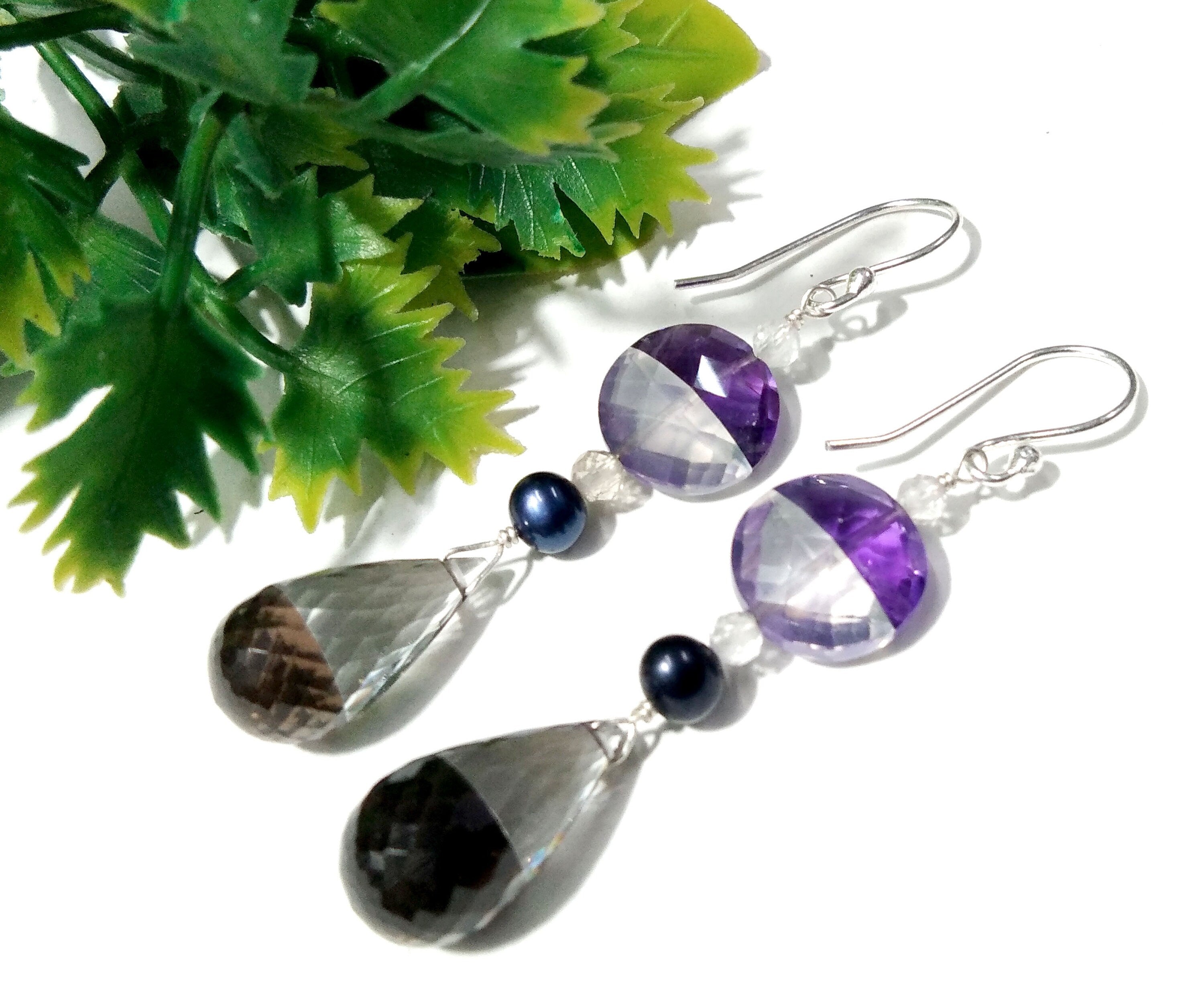 Very Fine Quality Amazing Color Natural Doublet Gemstone Amethyst, Crystal & Smoky Quartz With 925 Silver Multi Earring For Girls/Women Gift